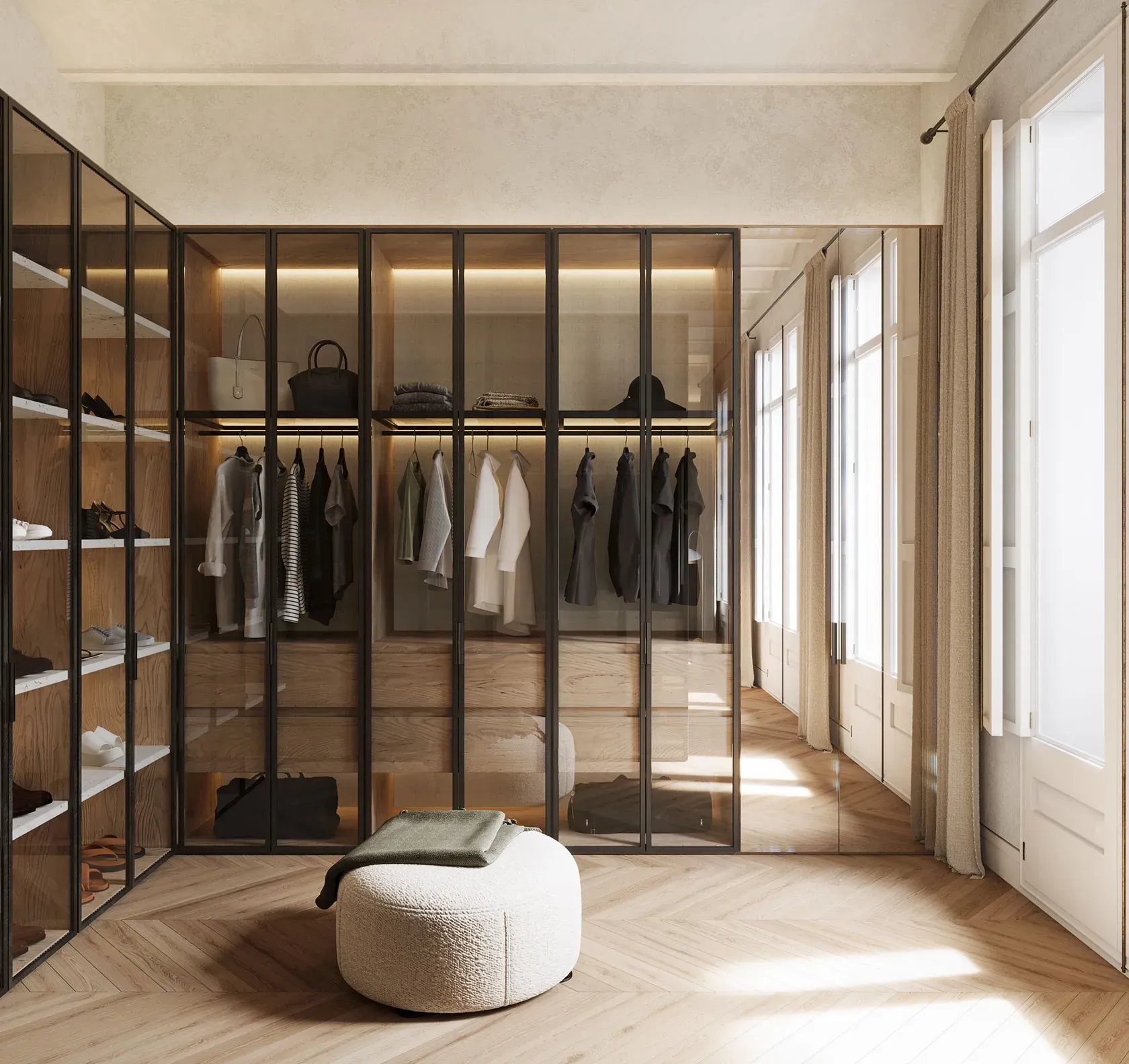 Minimalist walk-in closet with glass doors, wooden finishes, and ample natural light for a luxurious dressing space.