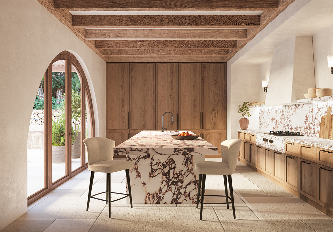 Luxury kitchen featuring stone island, sleek cabinetry, and architectural lighting in a refined open layout.