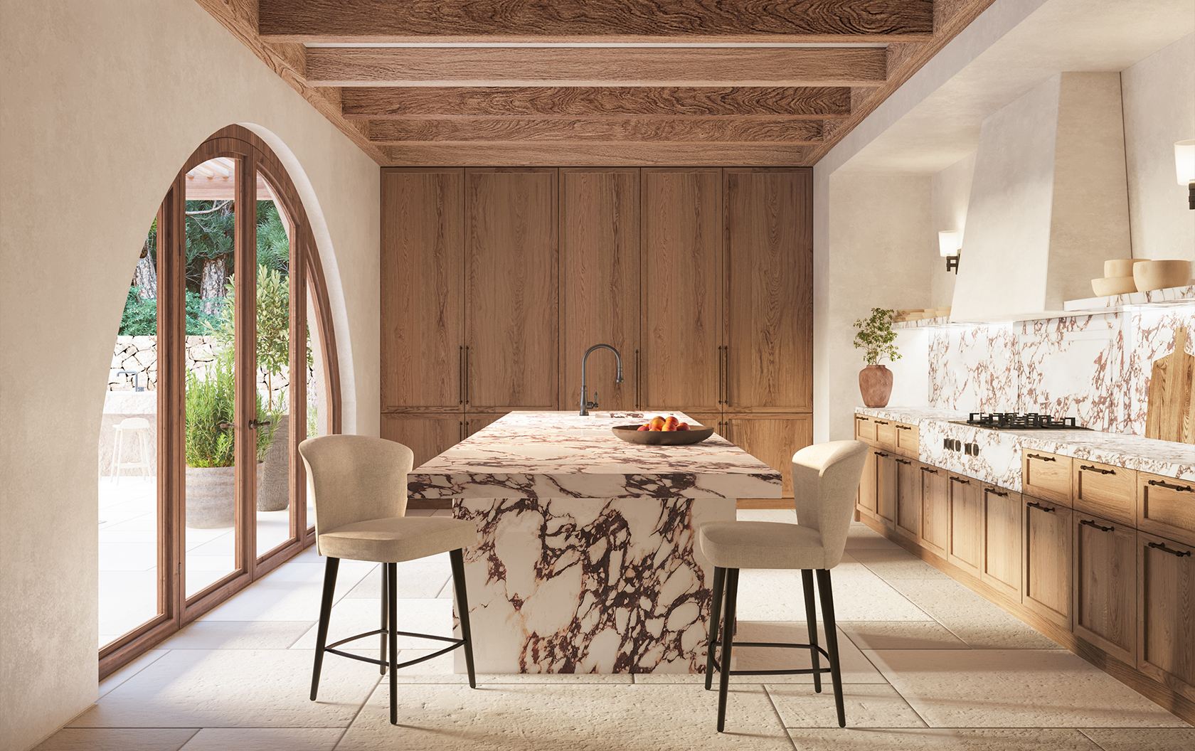 Luxury kitchen featuring stone island, sleek cabinetry, and architectural lighting in a refined open layout.