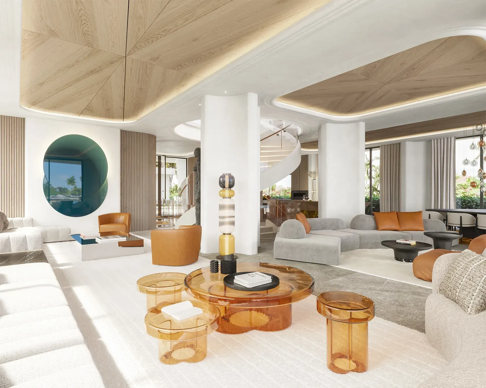 Bright and stylish living area with wood accents, designer furniture, and sculptural lighting.