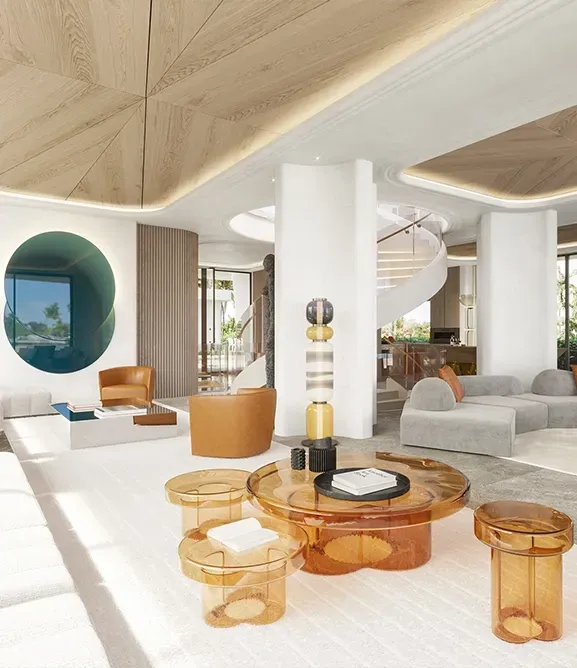Bright and stylish living area with wood accents, designer furniture, and sculptural lighting.