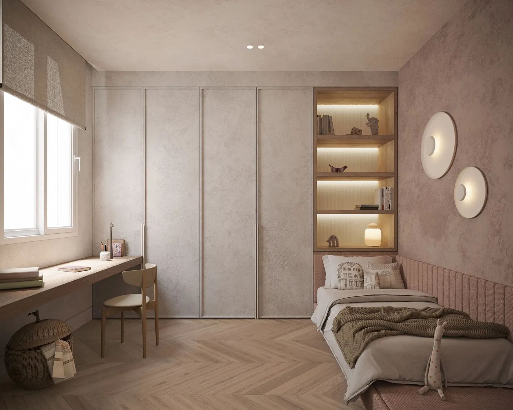 Cozy children’s bedroom with soft tones, built-in shelving, and a functional workspace under natural daylight.