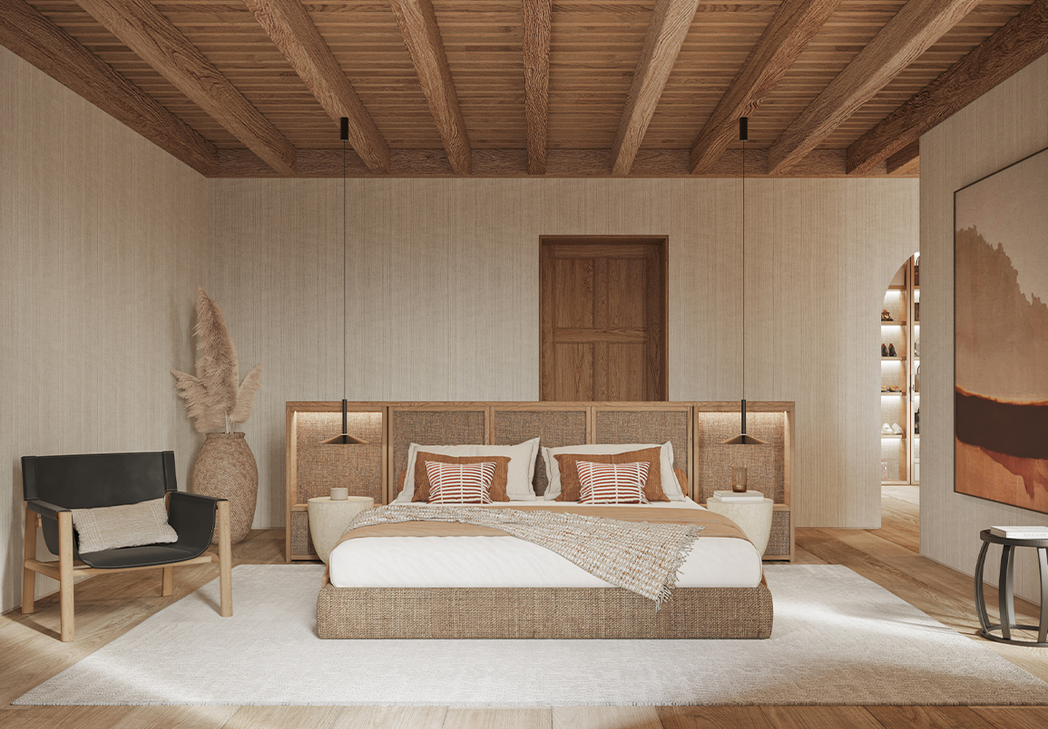 Serene bedroom suite with minimalist decor and soft lighting offering a peaceful, luxurious retreat.