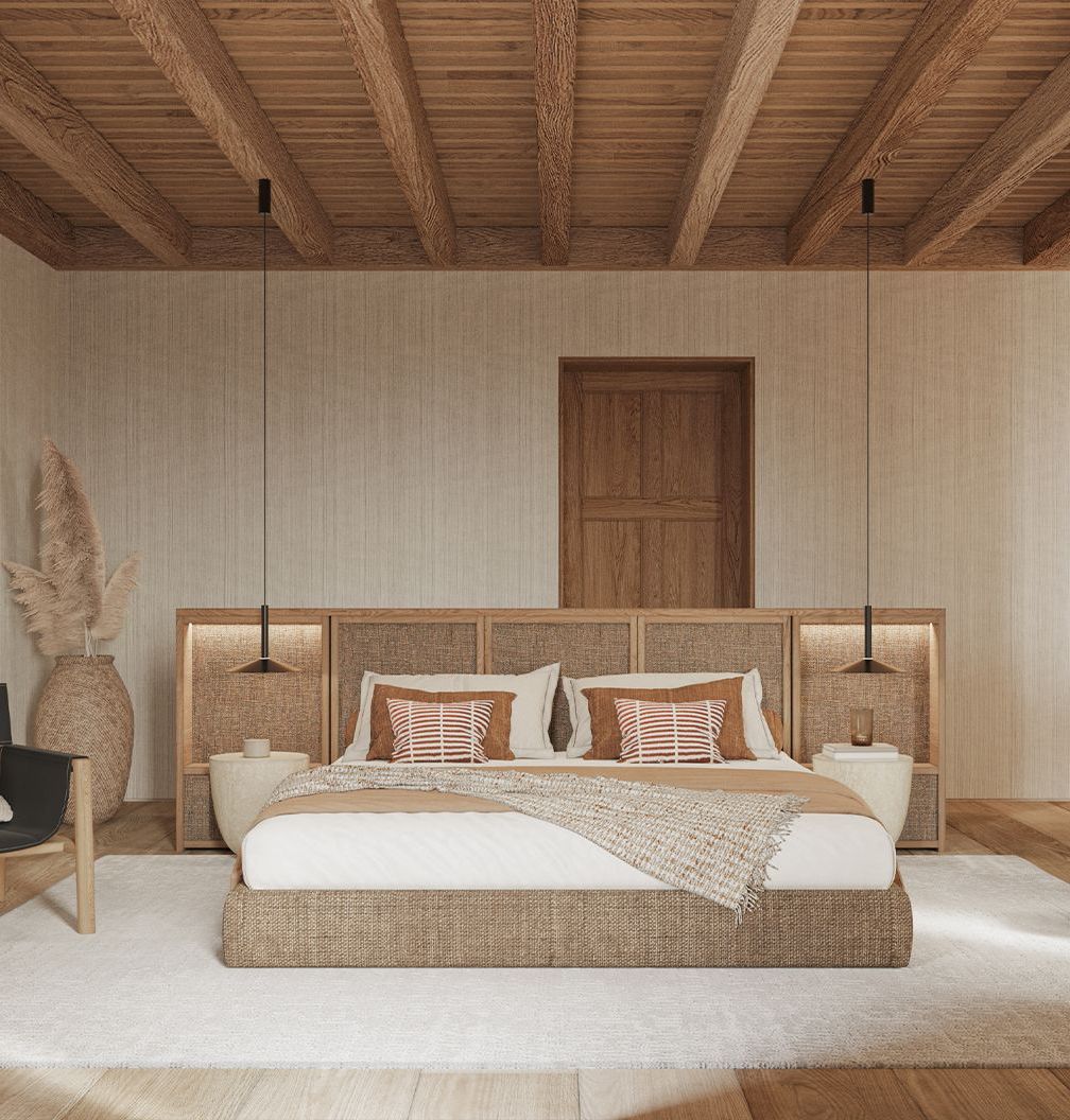 Serene bedroom suite with minimalist decor and soft lighting offering a peaceful, luxurious retreat.