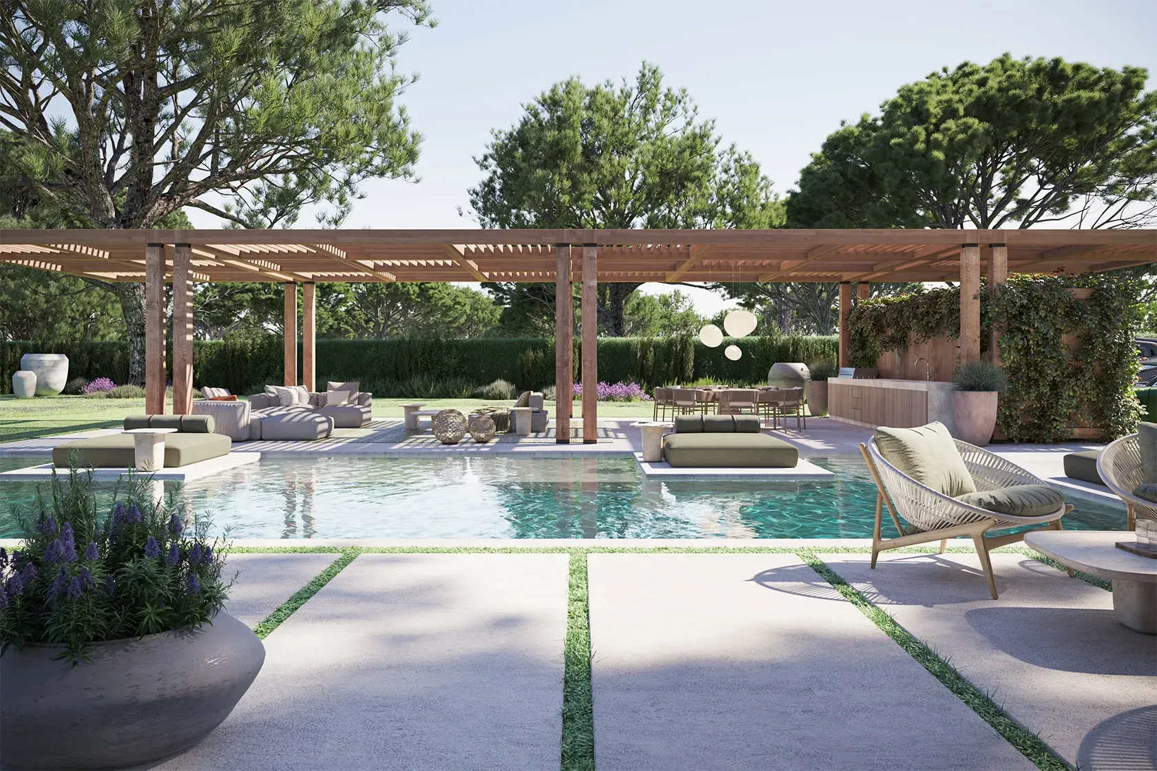 Outdoor luxury pergola with poolside lounge, natural wood finishes, and lush greenery in a high-end villa.