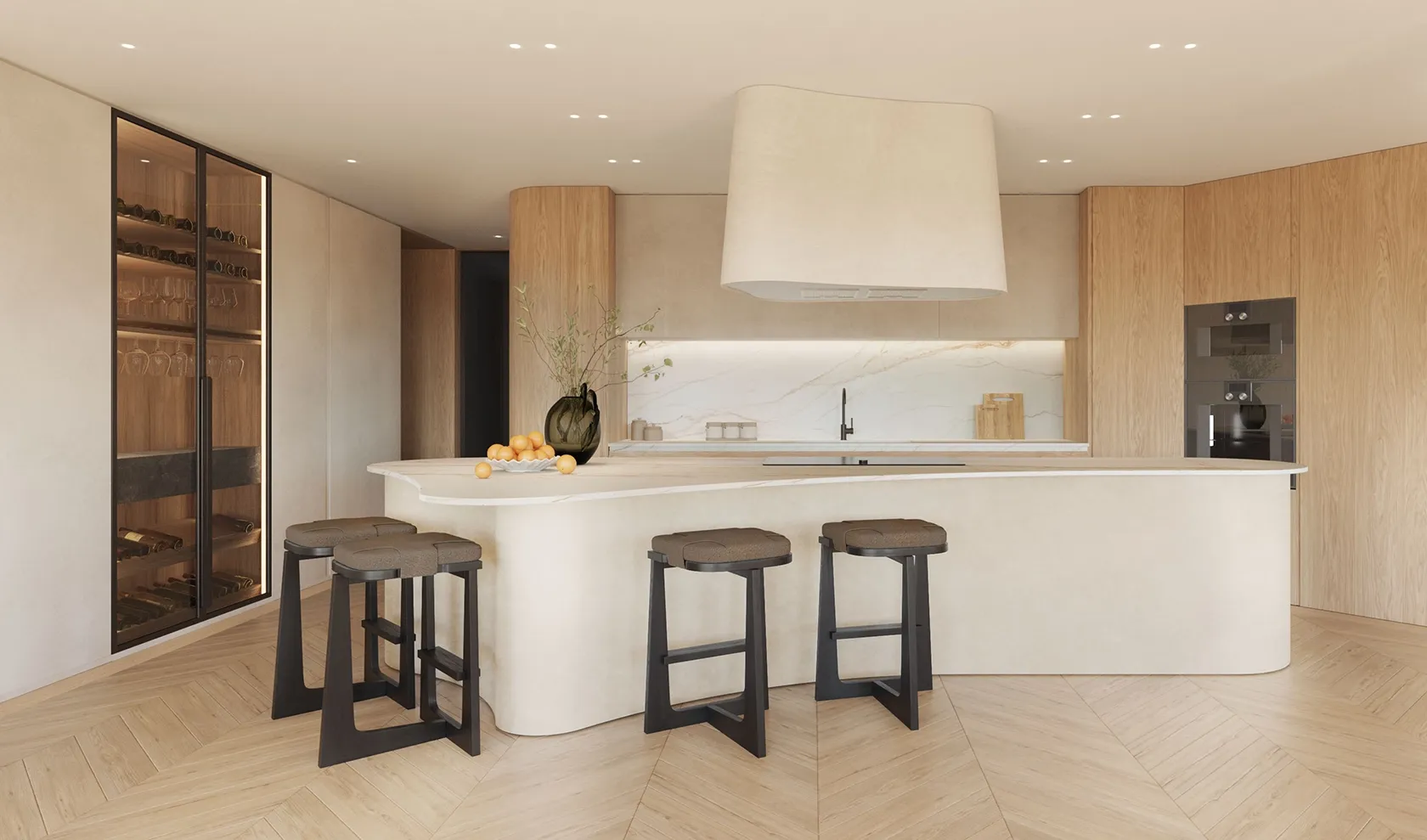 Sculptural kitchen with a central stone and marble island, blending light and elegant design.