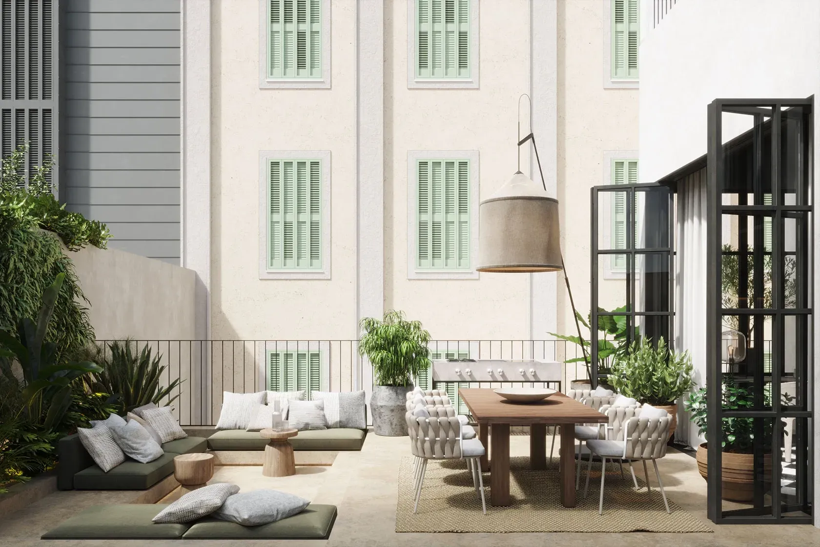 Charming terrace with outdoor dining and lounge area, surrounded by greenery and soft Mediterranean light.