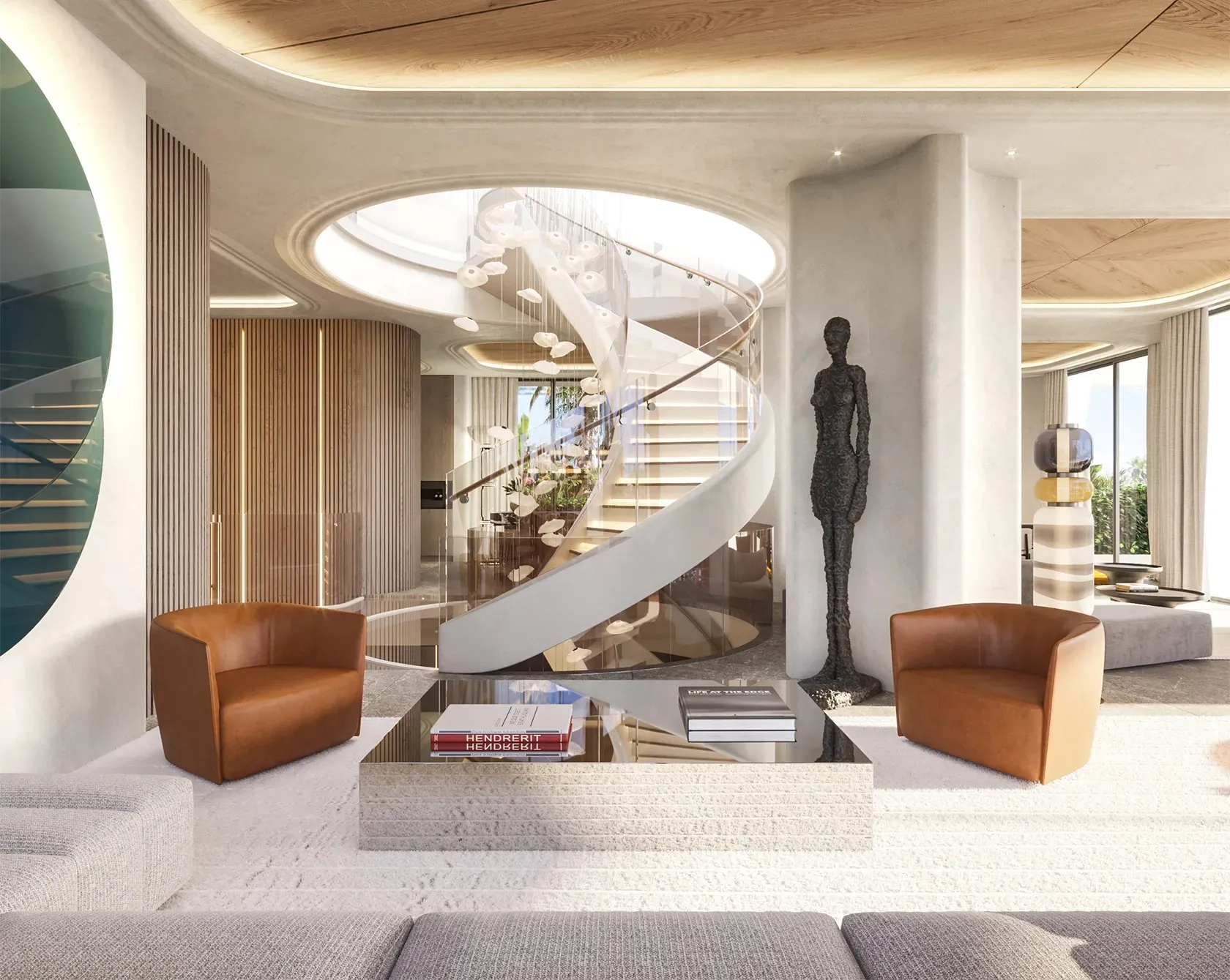 Sophisticated interior featuring sculptural staircase and curated modern art elements.