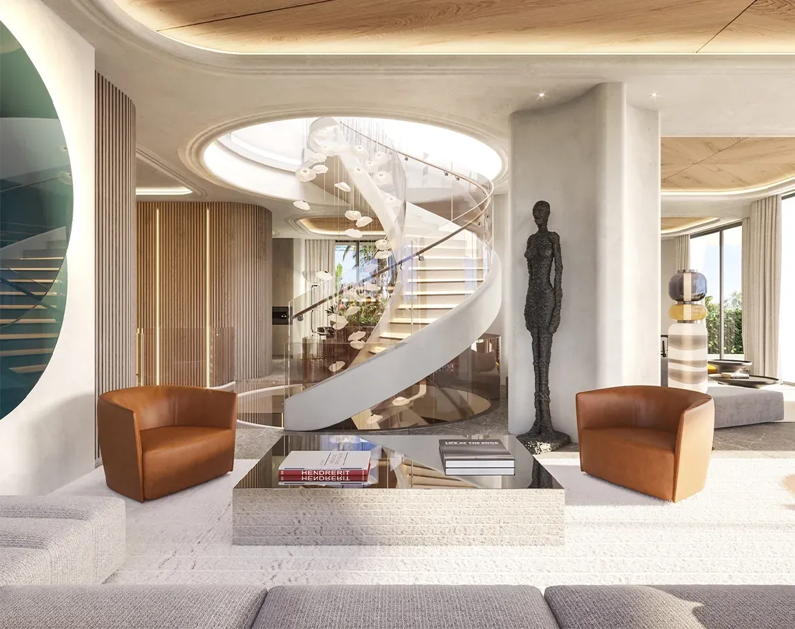 Sophisticated interior featuring sculptural staircase and curated modern art elements.