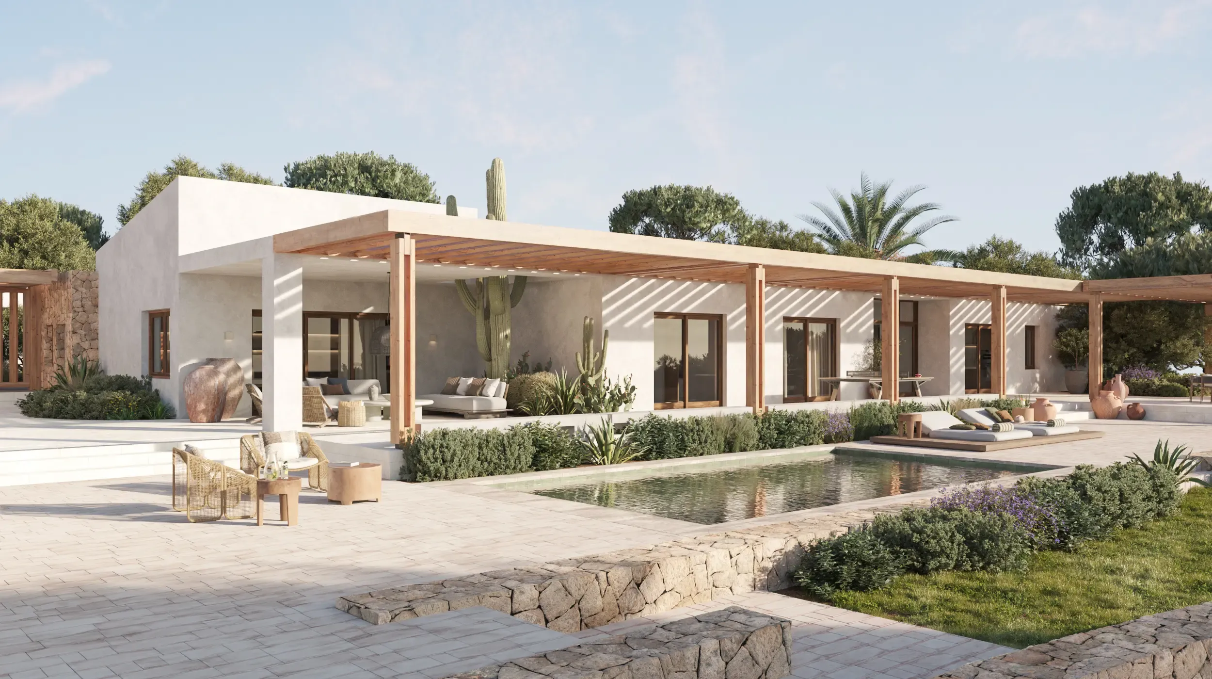 Front view of a luxury villa with Mediterranean landscaping, a pool, and a shaded terrace.
