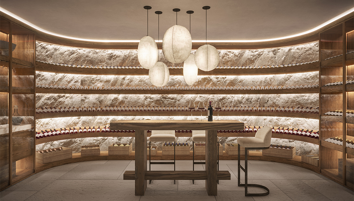 Contemporary wine cellar with floor-to-ceiling racks and soft ambient lighting designed for modern luxury.