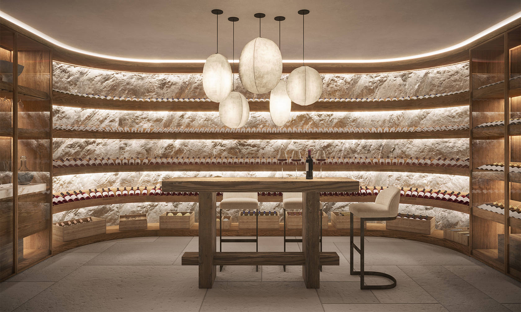 Contemporary wine cellar with floor-to-ceiling racks and soft ambient lighting designed for modern luxury.