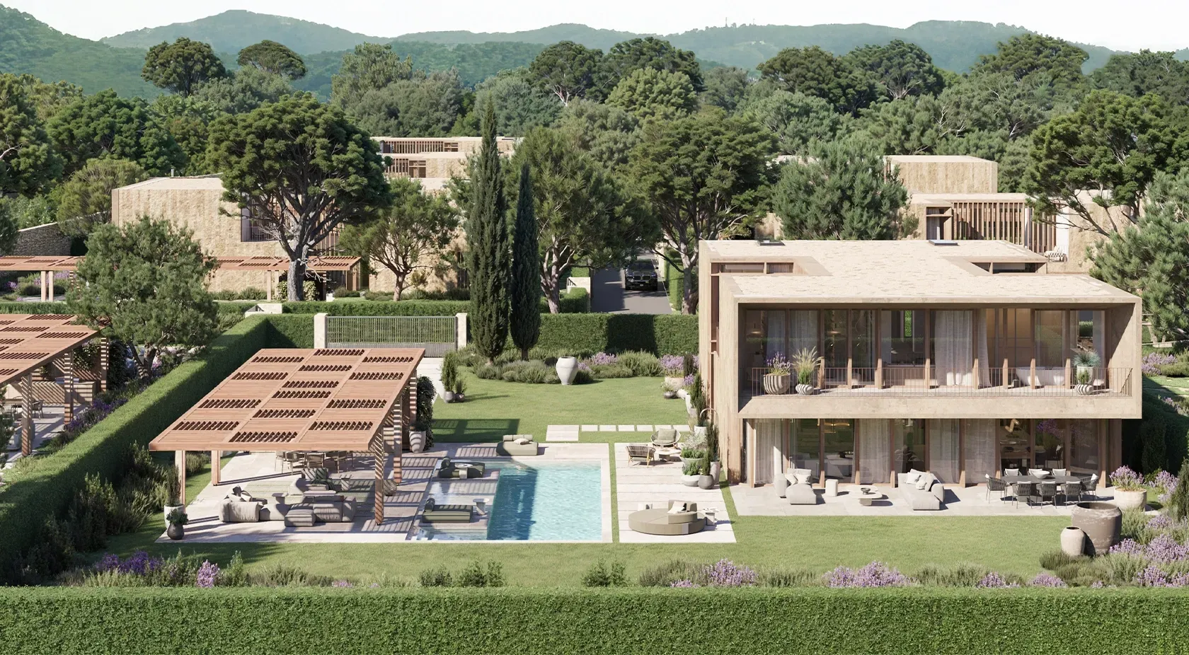 Exterior view of a modern luxury villa with landscaped garden, pool area, and minimalist architectural design.