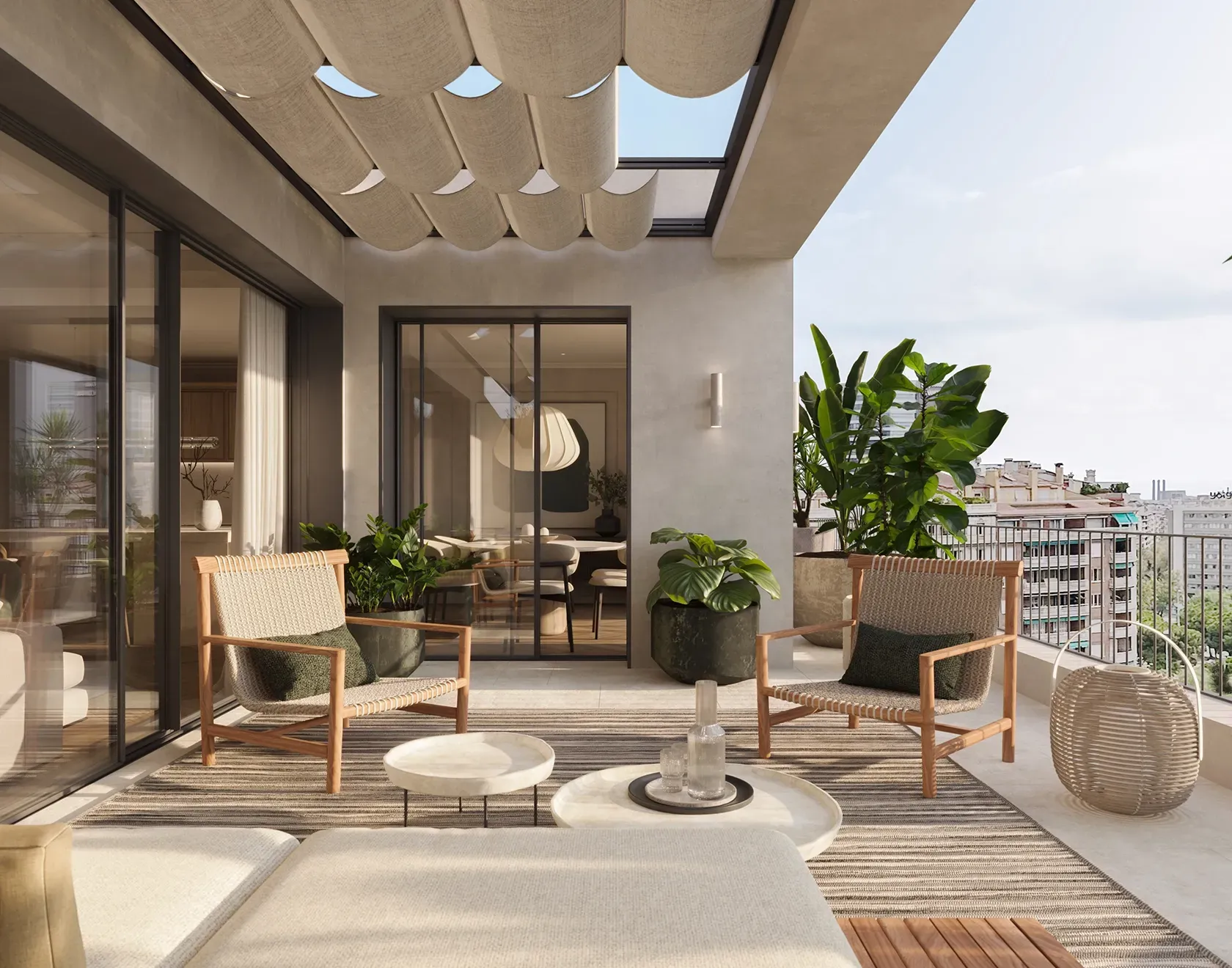 Sunlit terrace by LUV Studio with woven lounge chairs, sculptural plants and retractable fabric pergola overlooking the city skyline.