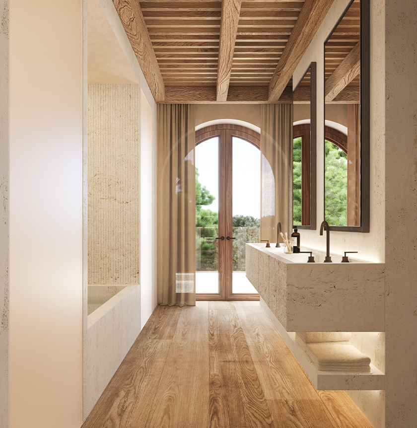 Refined bathroom with floating stone sink, wooden ceiling beams, and arched doors opening to nature, showcasing luxury and architectural warmth.