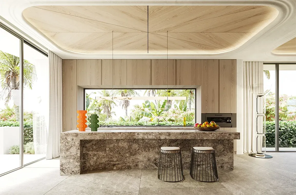 Sleek kitchen design with marble island, wood finishes, and tropical garden views.