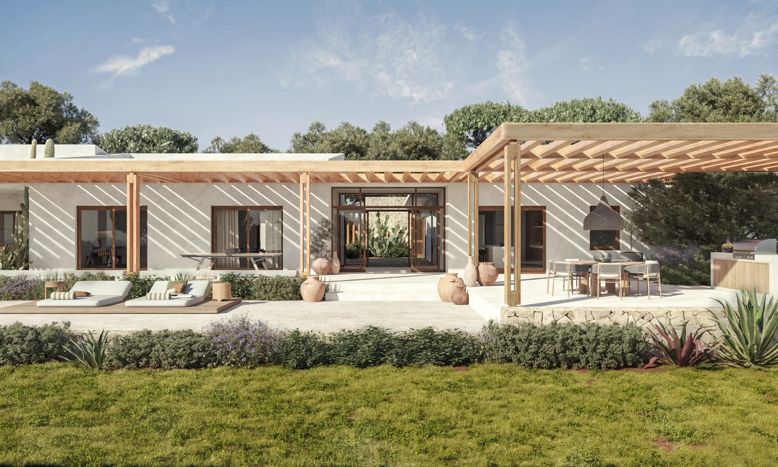 Contemporary façade of a luxury villa with wooden pergola, loungers, and natural surroundings.