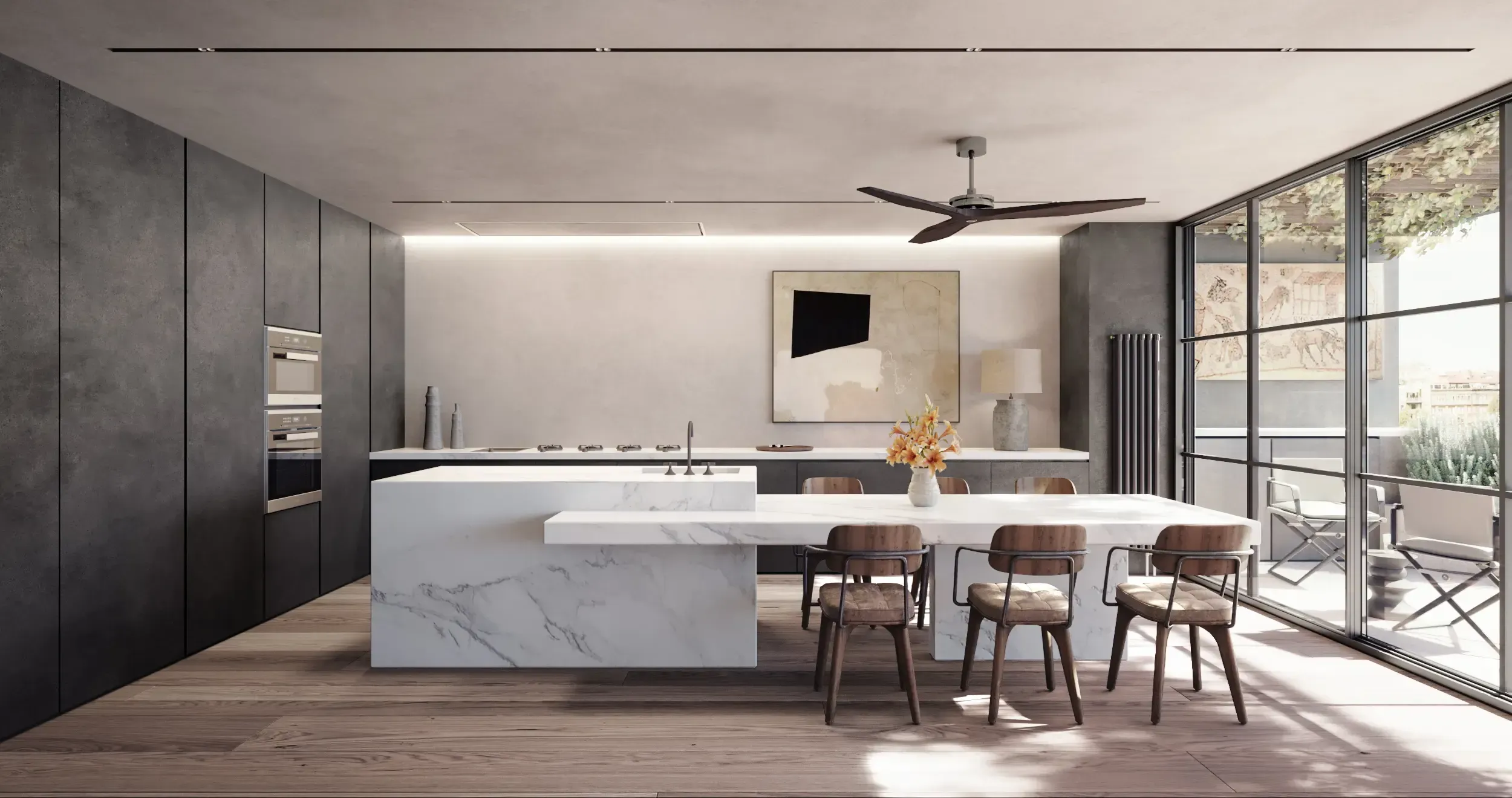 Luxury kitchen design by Luv Studio with marble island, wood flooring, and minimalist architecture in Turo Park, Barcelona.