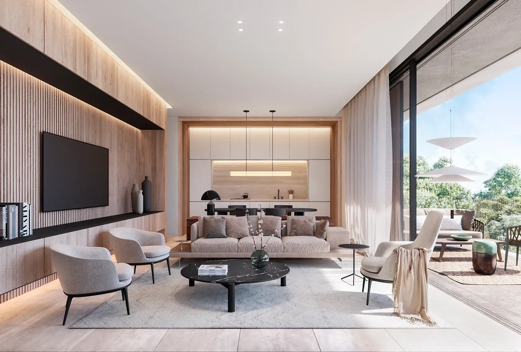 Bright and elegant open-plan living room and kitchen with natural materials, neutral tones, and access to a sunlit terrace in a LUV Studio residence.