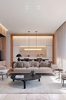 Bright and elegant open-plan living room and kitchen with natural materials, neutral tones, and access to a sunlit terrace in a LUV Studio residence.
