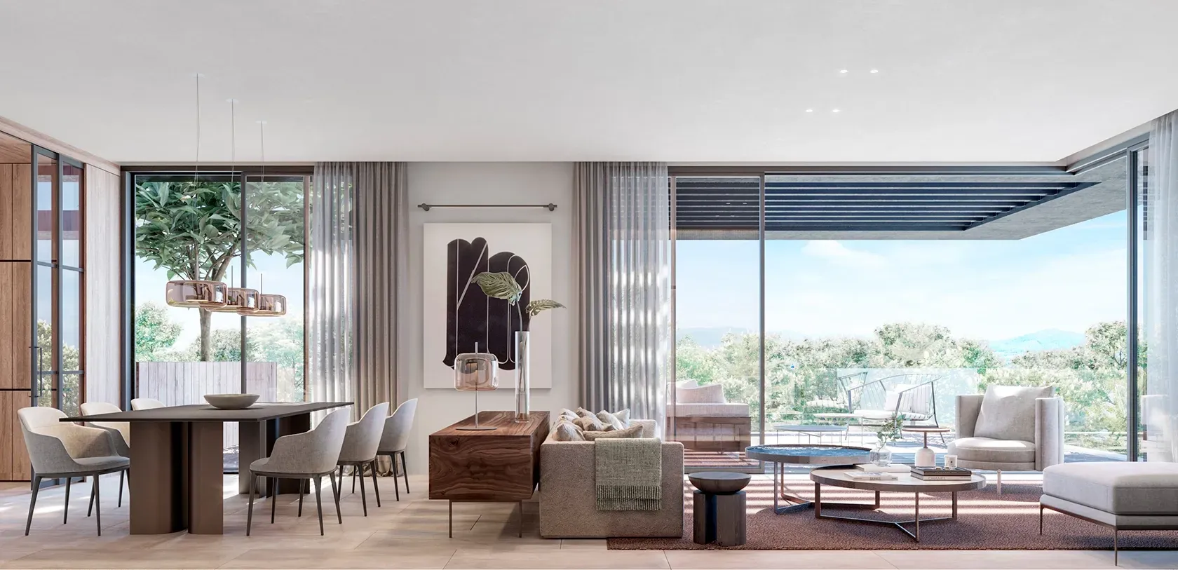 Open living and dining space with full-height windows, panoramic views, modern furnishings, and a natural palette that connects indoor and outdoor.