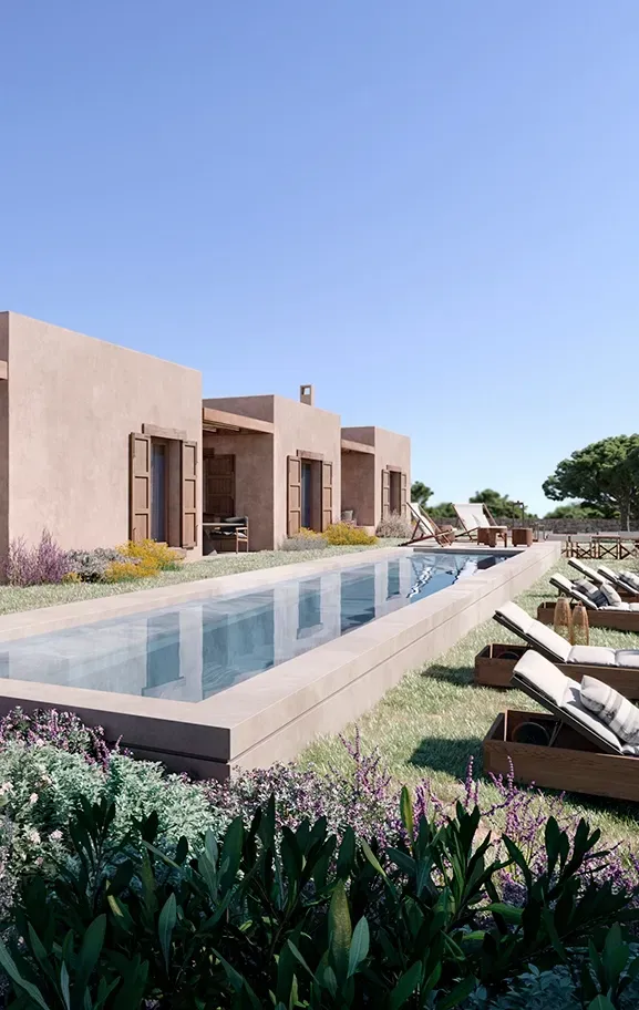 Exterior view of a luxury villa with natural materials and a linear pool surrounded by Mediterranean landscaping.