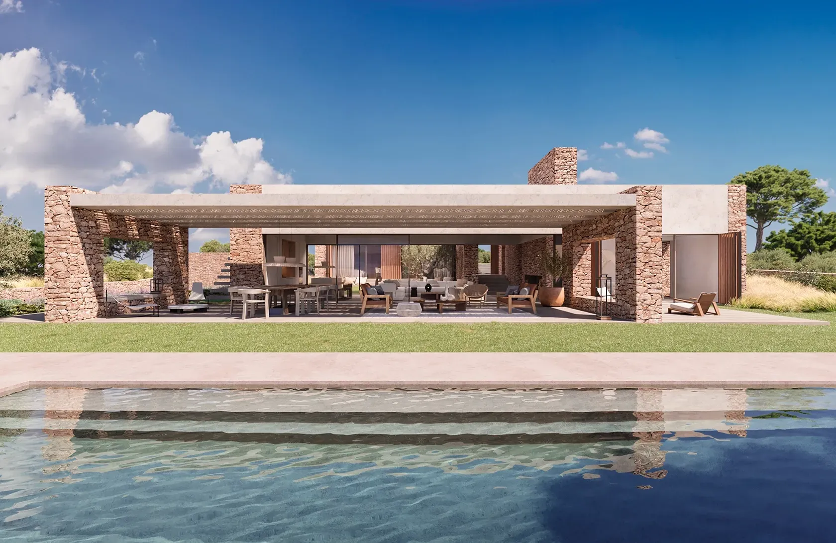 Modern Mediterranean villa by LUV Studio with exposed stone walls, open-plan design and pool view.