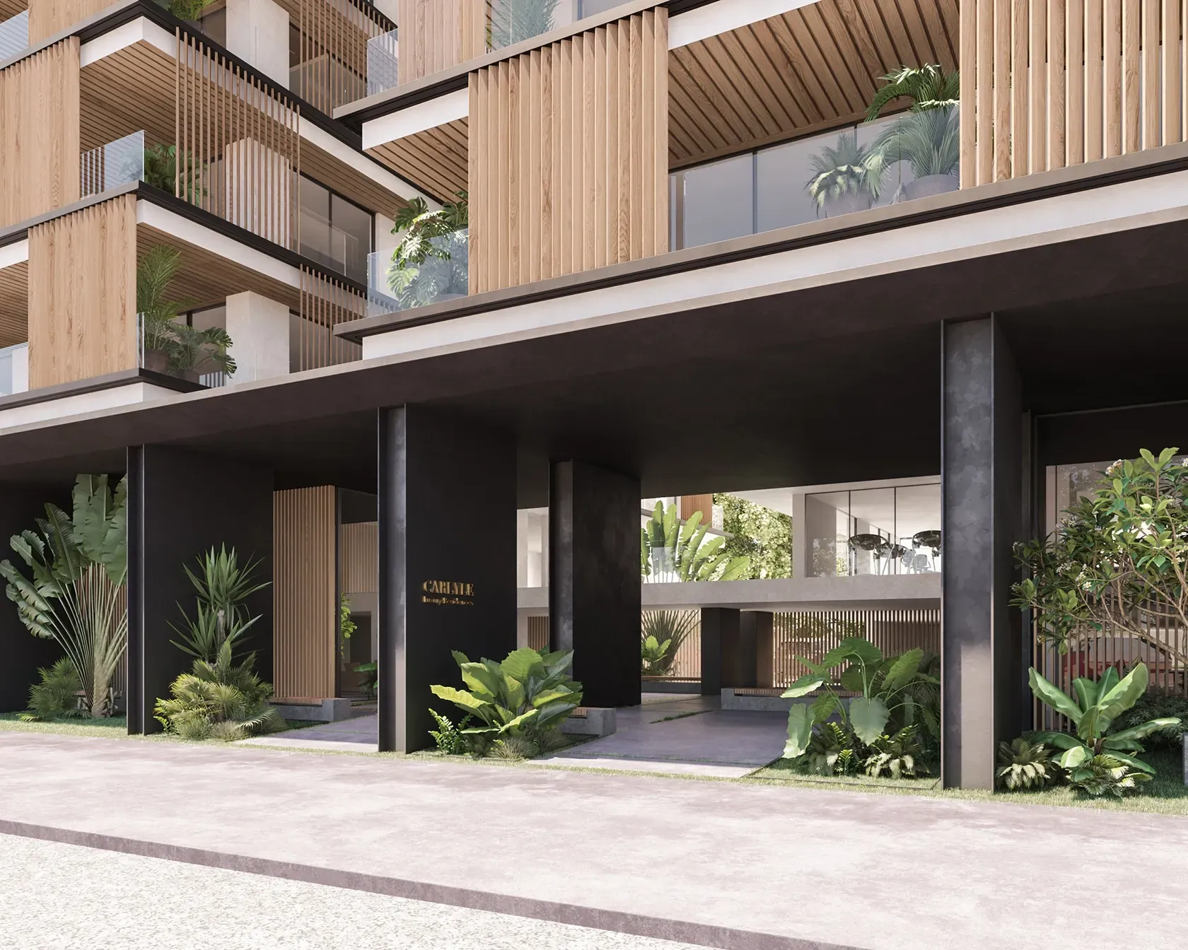 Modern architectural entrance of Carlyle luxury residence surrounded by tropical landscaping
