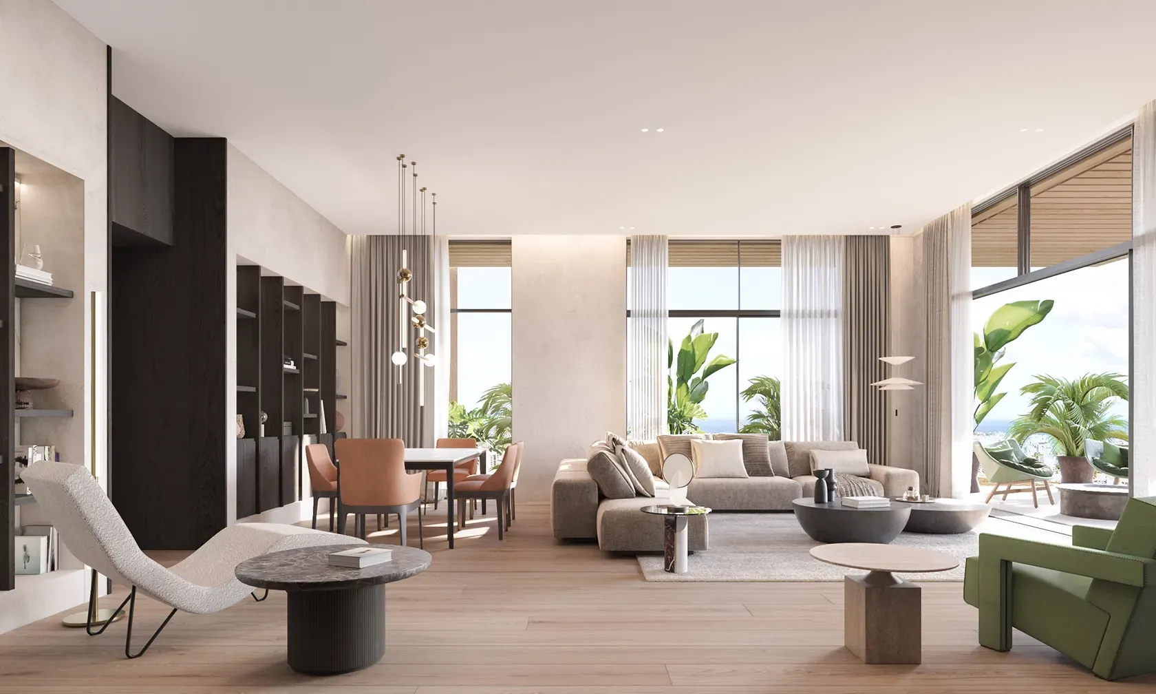 Spacious luxury living and dining area with large windows and ocean views at Carlyle residence