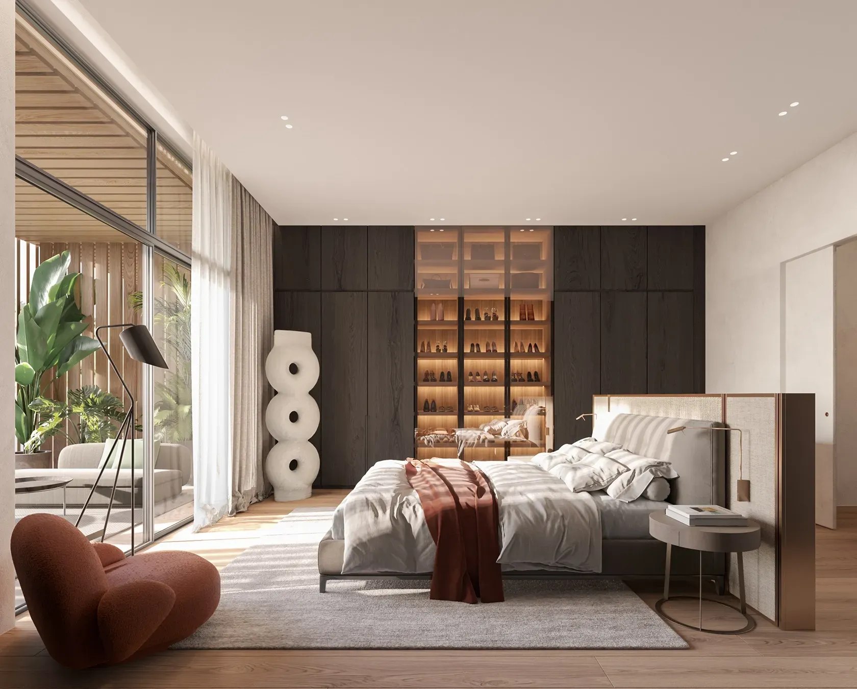 Elegant luxury living room in Carlyle studio with ocean views and designer furniture