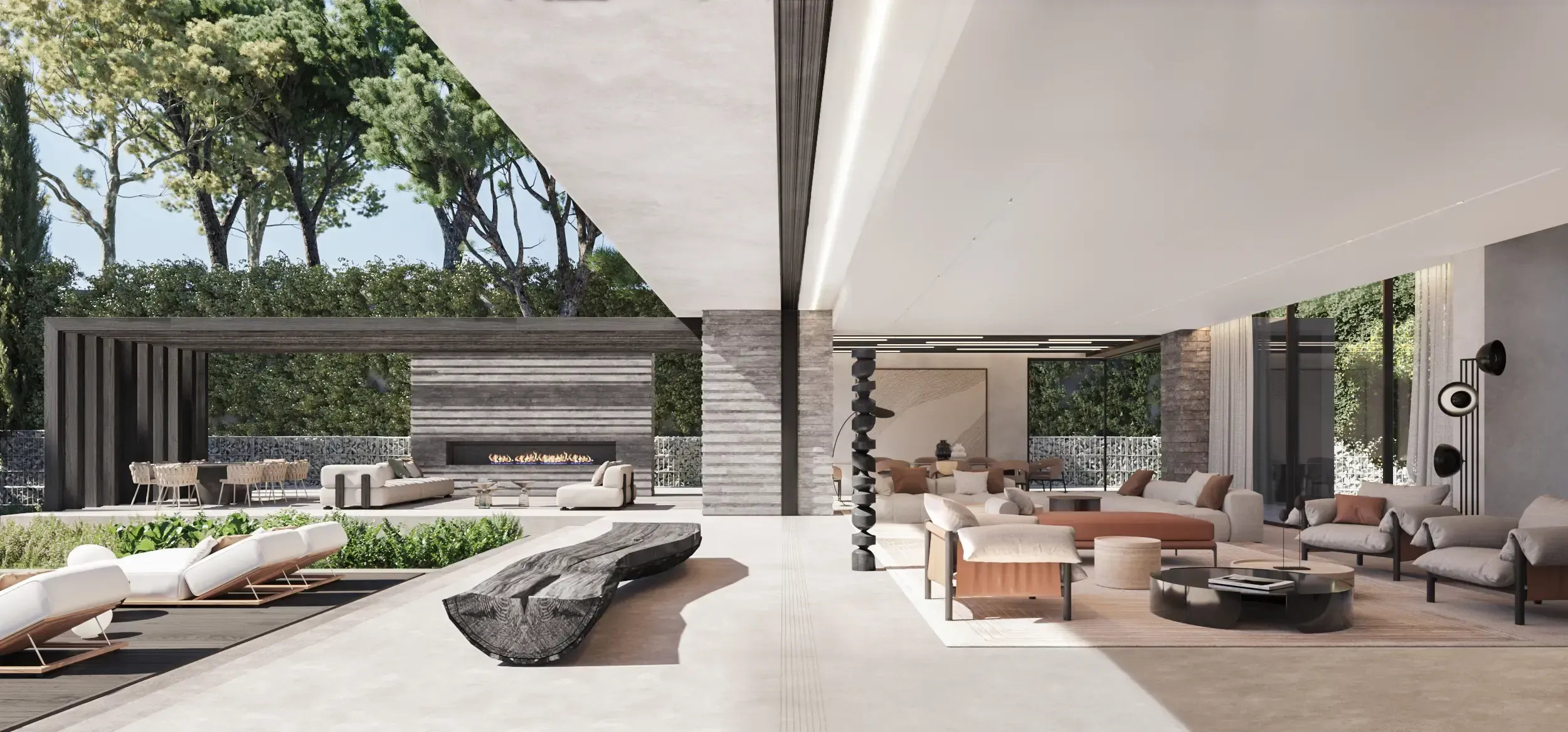 Open-concept living room with neutral tones, natural light, and refined wooden accents.