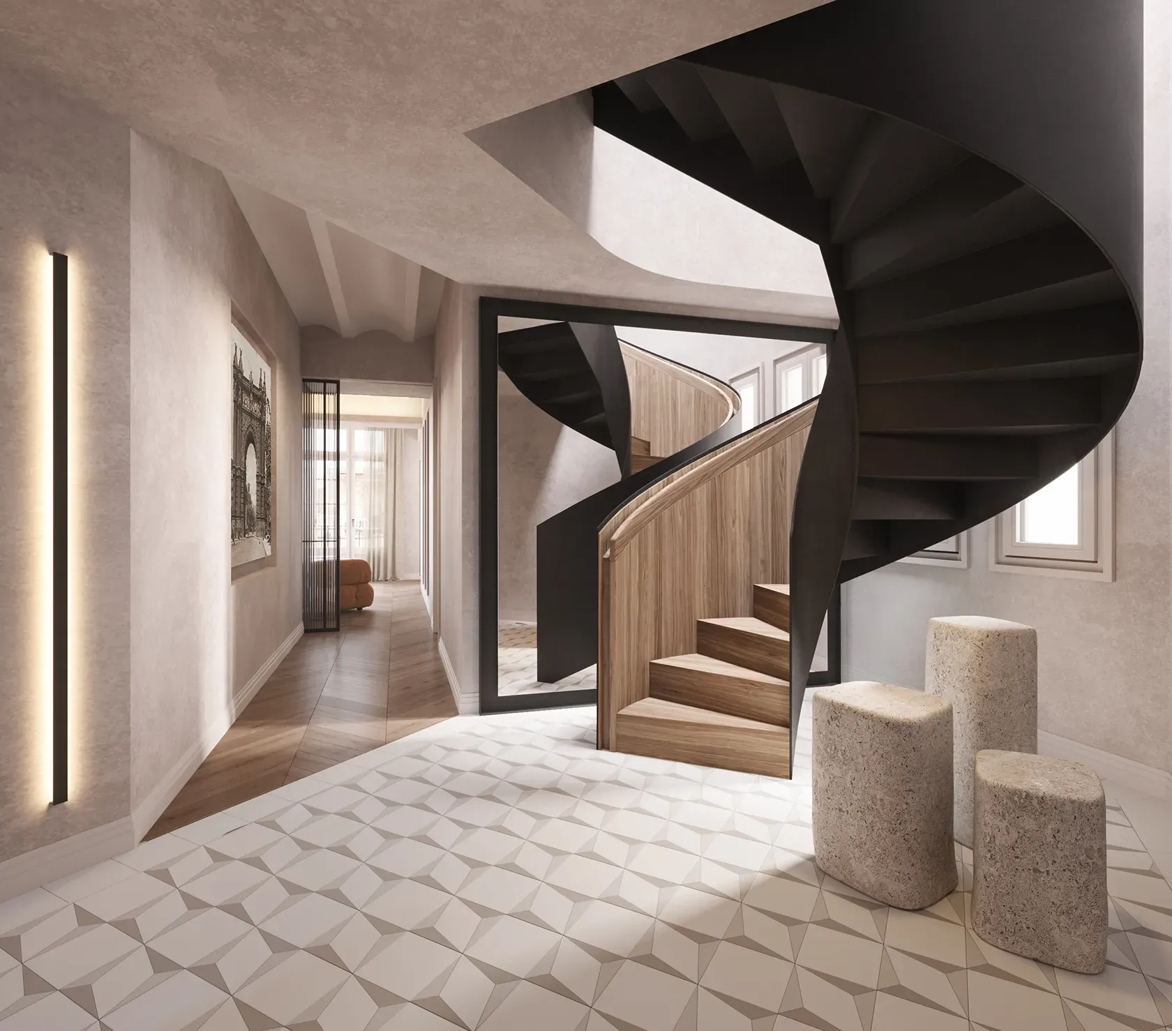 Elegant hallway with sculptural black spiral staircase, soft beige walls and geometric floor tiles, blending organic design with modern textures.
