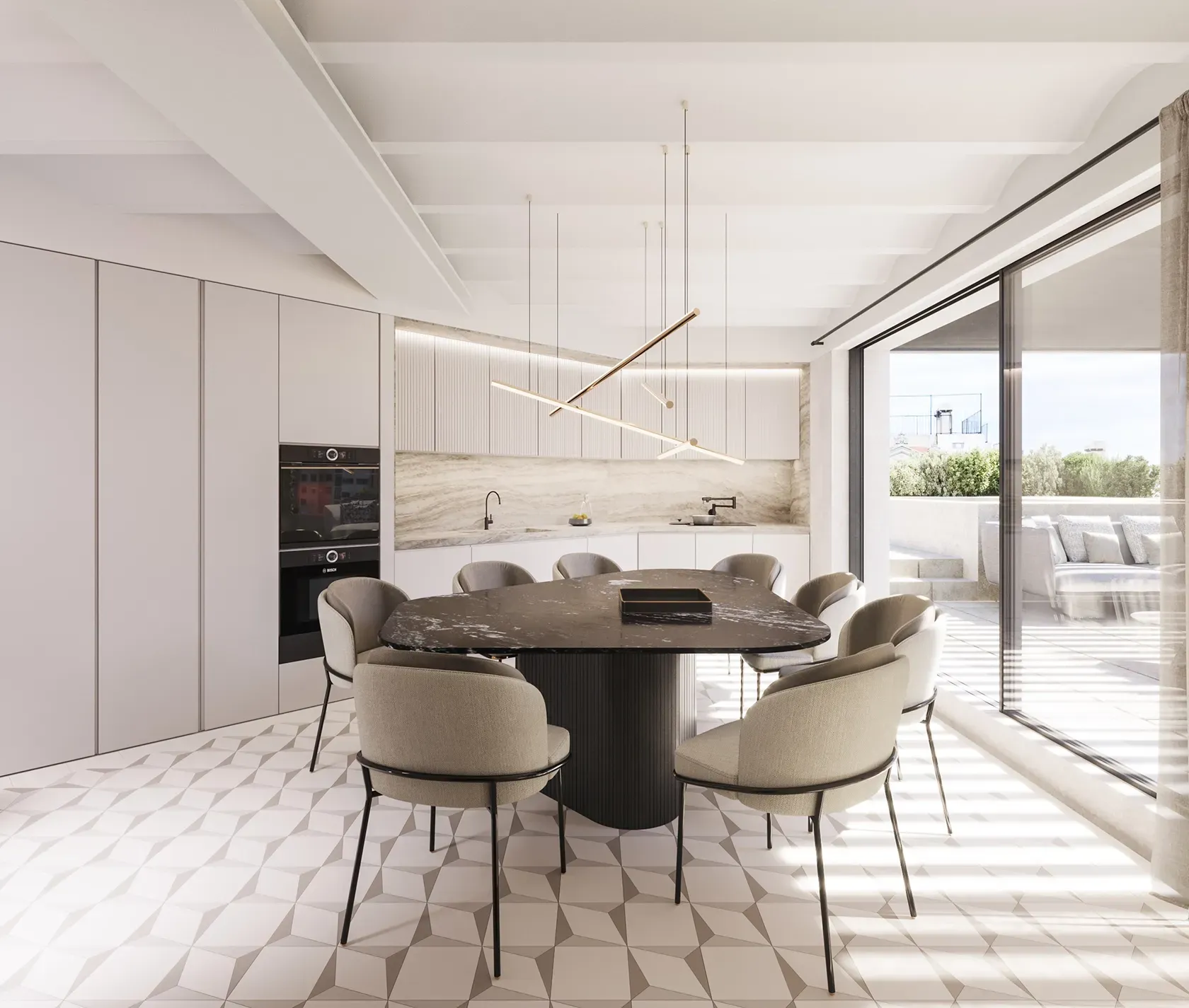 Contemporary kitchen with black marble table, brass pendant lighting, and floor-to-ceiling windows connecting to a terrace with outdoor seating.