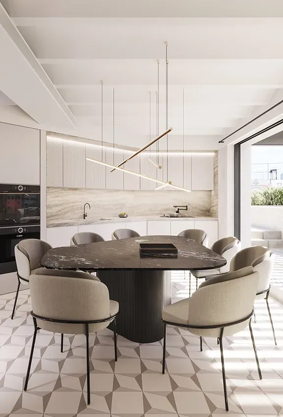 Contemporary kitchen with black marble table, brass pendant lighting, and floor-to-ceiling windows connecting to a terrace with outdoor seating.