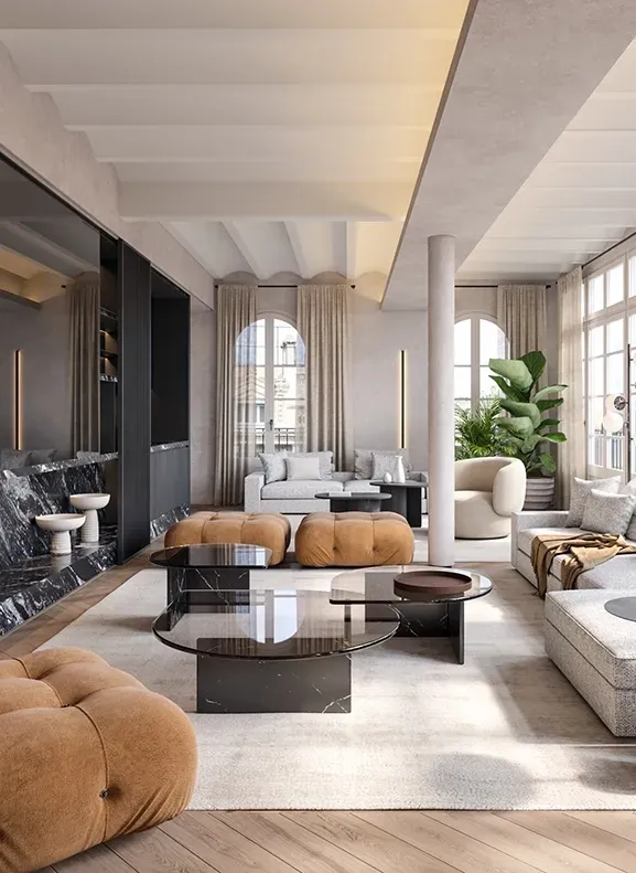 Sophisticated living room with modular sofas, black marble shelving, and floor-to-ceiling windows offering panoramic views of the city skyline.