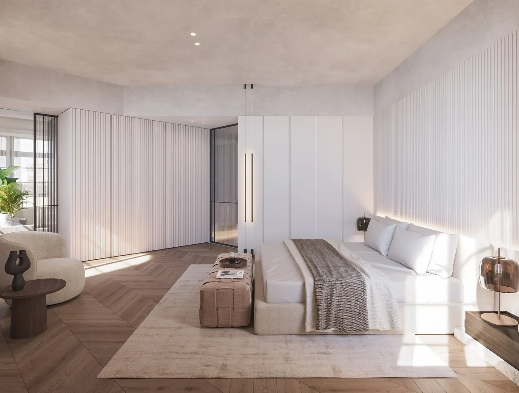 Serene master bedroom with neutral palette, wood herringbone flooring, and custom cabinetry, designed for comfort and refined minimalism.