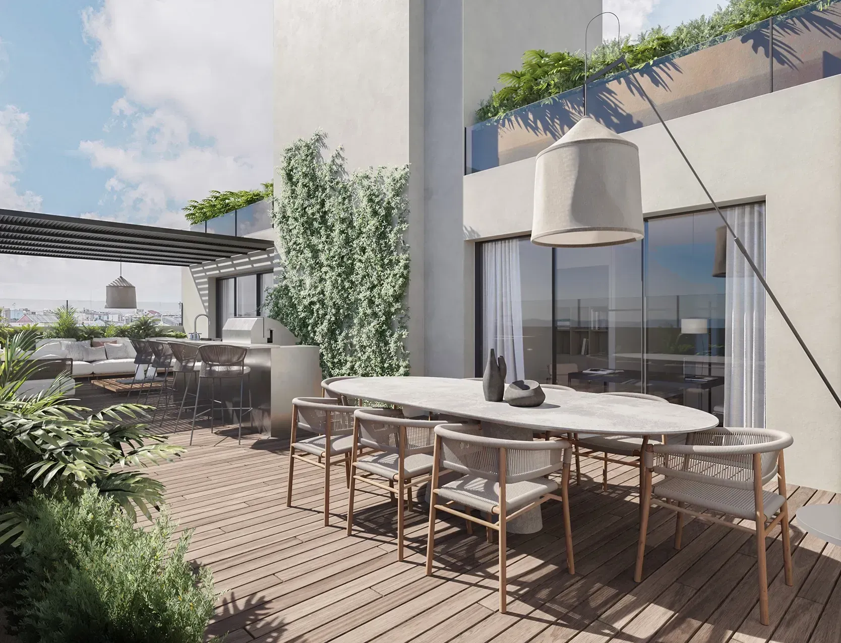 Spacious terrace with outdoor dining, barbecue area, and lush greenery in a luxury residential setting.