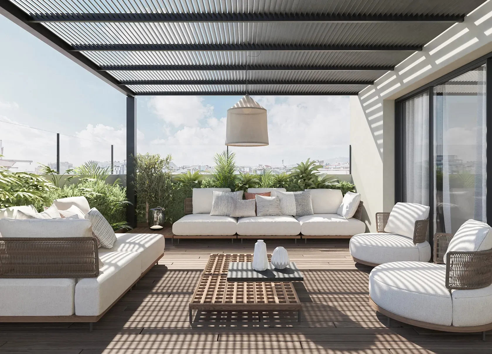 Covered rooftop lounge with cozy seating and panoramic city views in a luxury urban apartment.