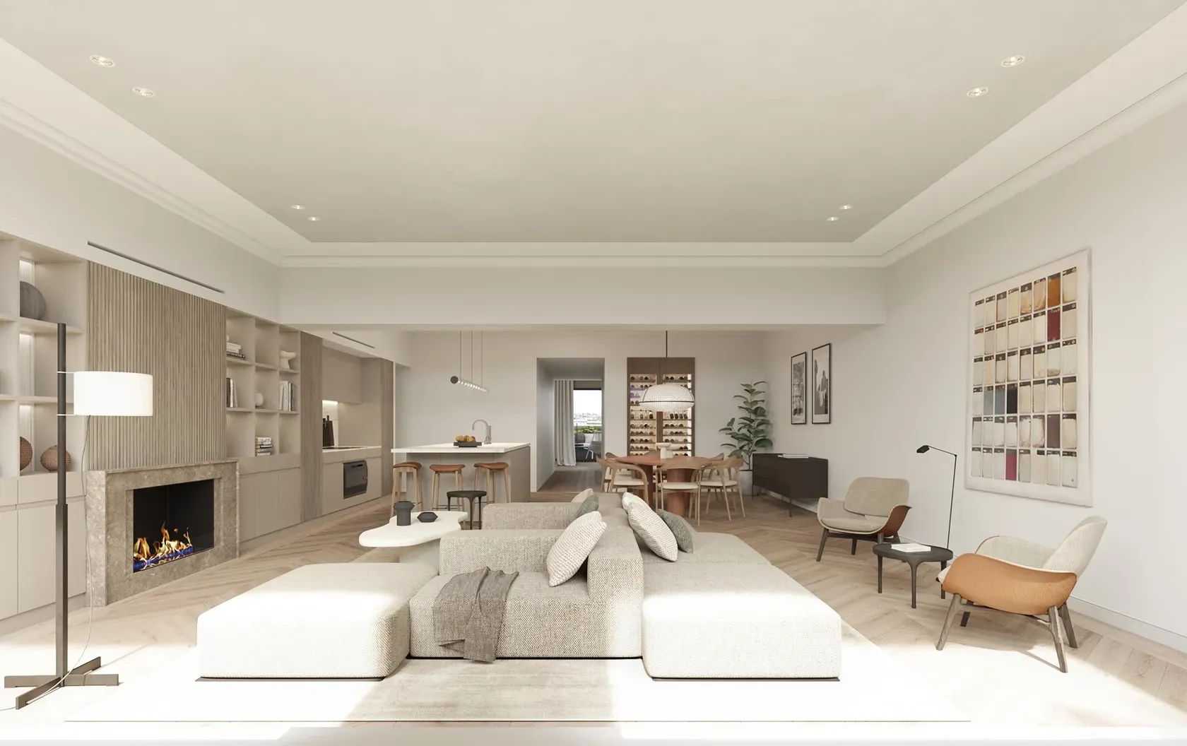 Open-plan living room with integrated kitchen, fireplace, and refined luxury architecture details.