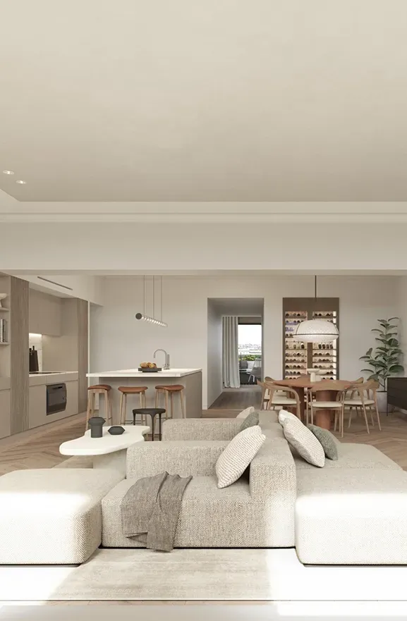 Open-plan living room with integrated kitchen, fireplace, and refined luxury architecture details.