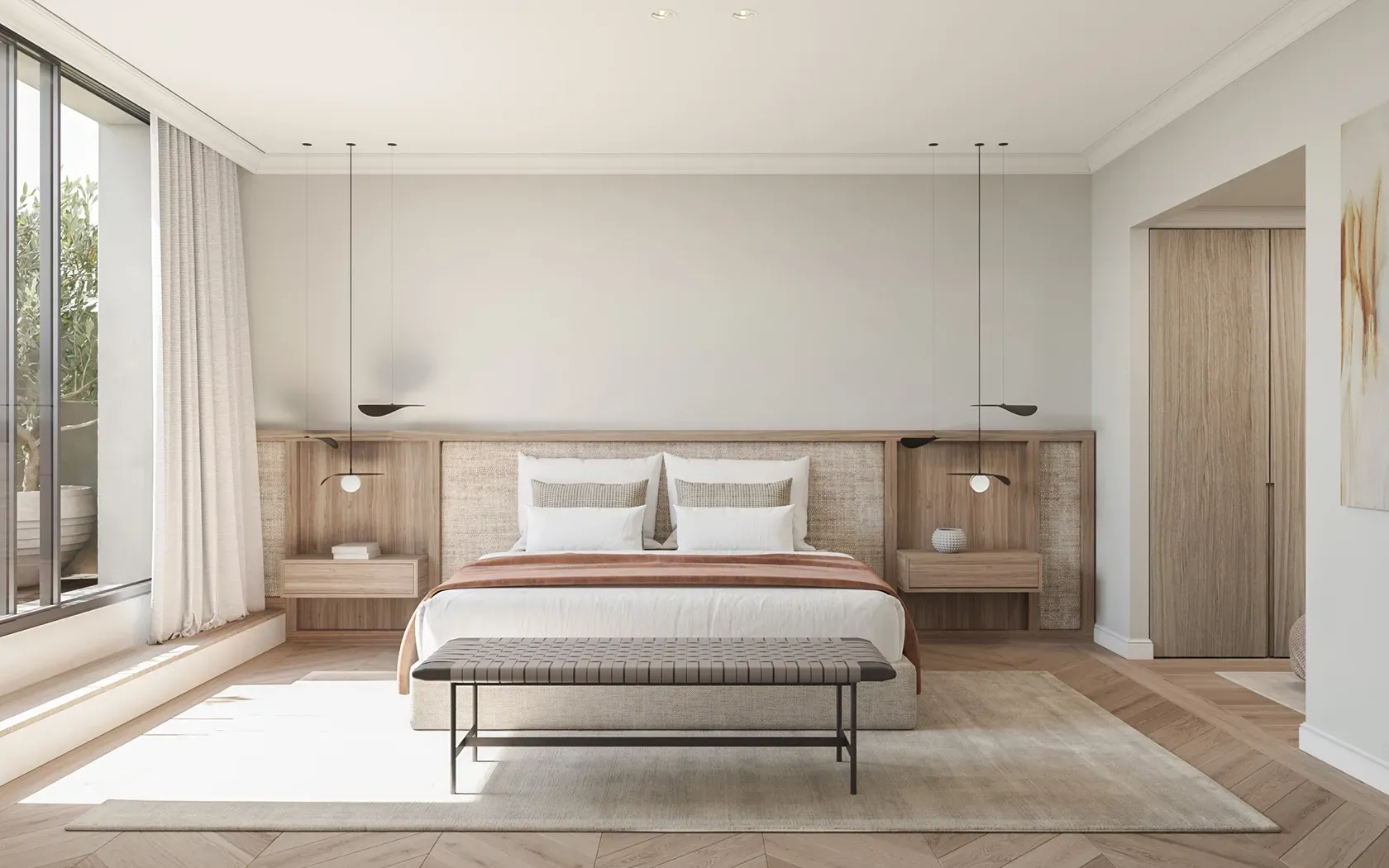 Serene bedroom suite with natural light, wood headboard, and clean-lined luxury design.