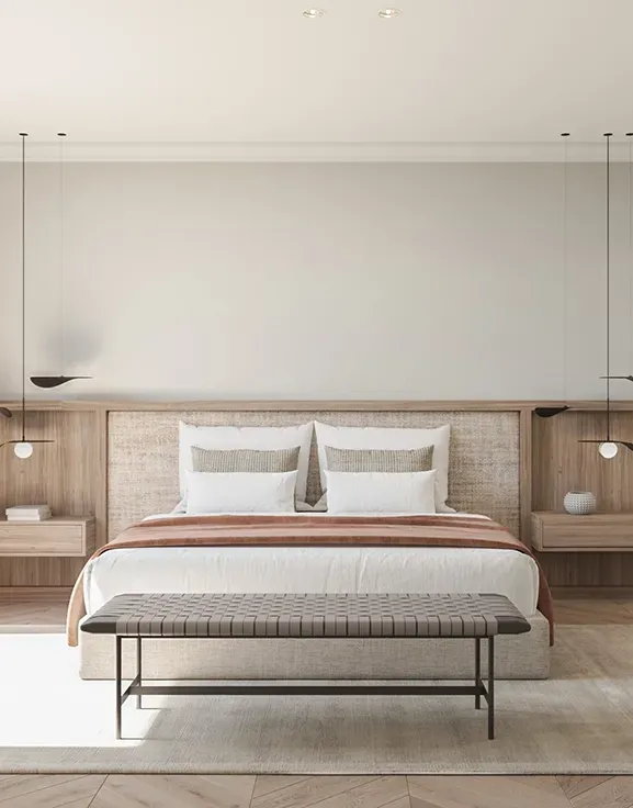 Serene bedroom suite with natural light, wood headboard, and clean-lined luxury design.