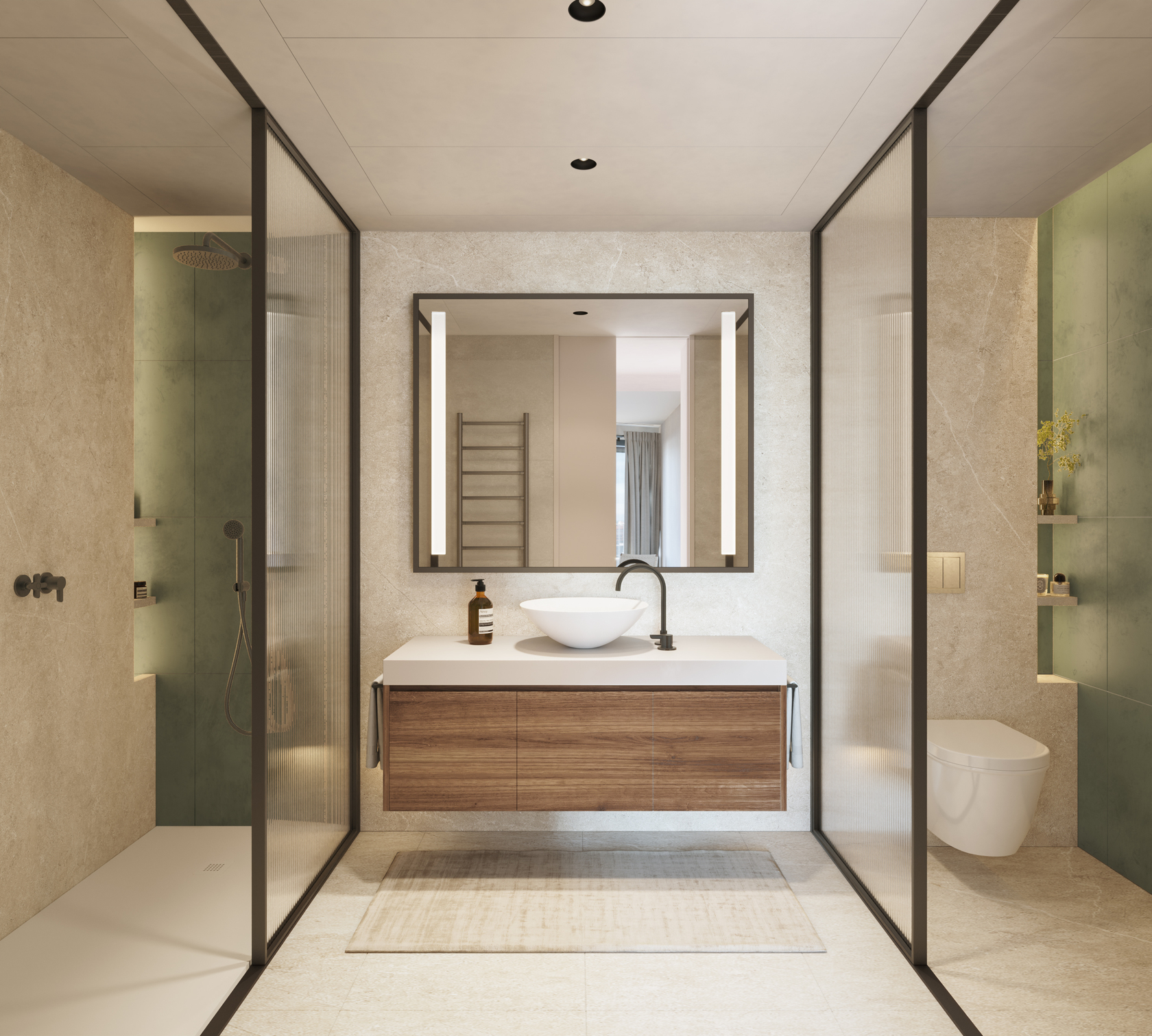 Spa-style bathroom with a floating walnut vanity, a white vessel basin and fluted glass partitions, in beige stone with a backlit shower niche.