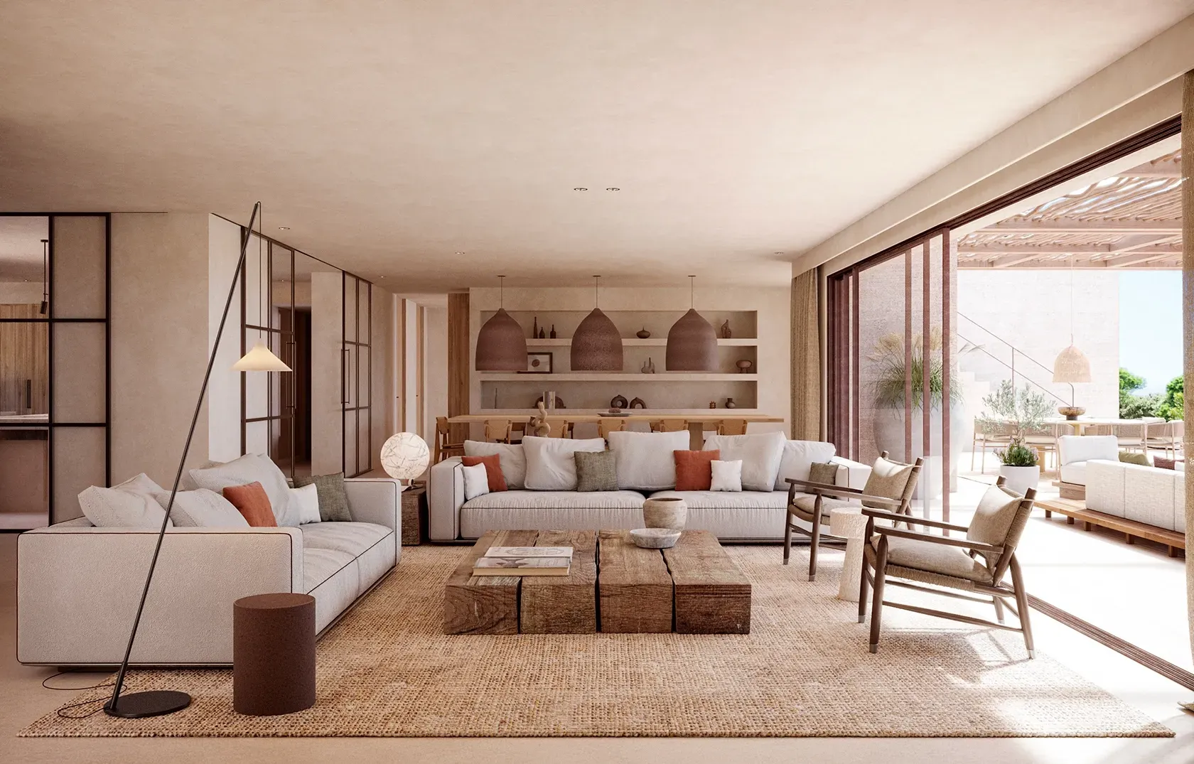 Open-plan living area with earthy textures, sliding glass doors, and a soft neutral color palette.