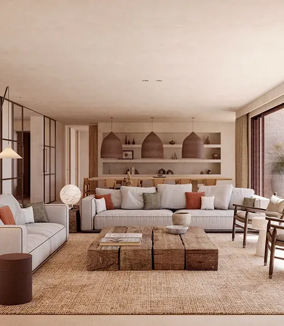 Open-plan living area with earthy textures, sliding glass doors, and a soft neutral color palette.