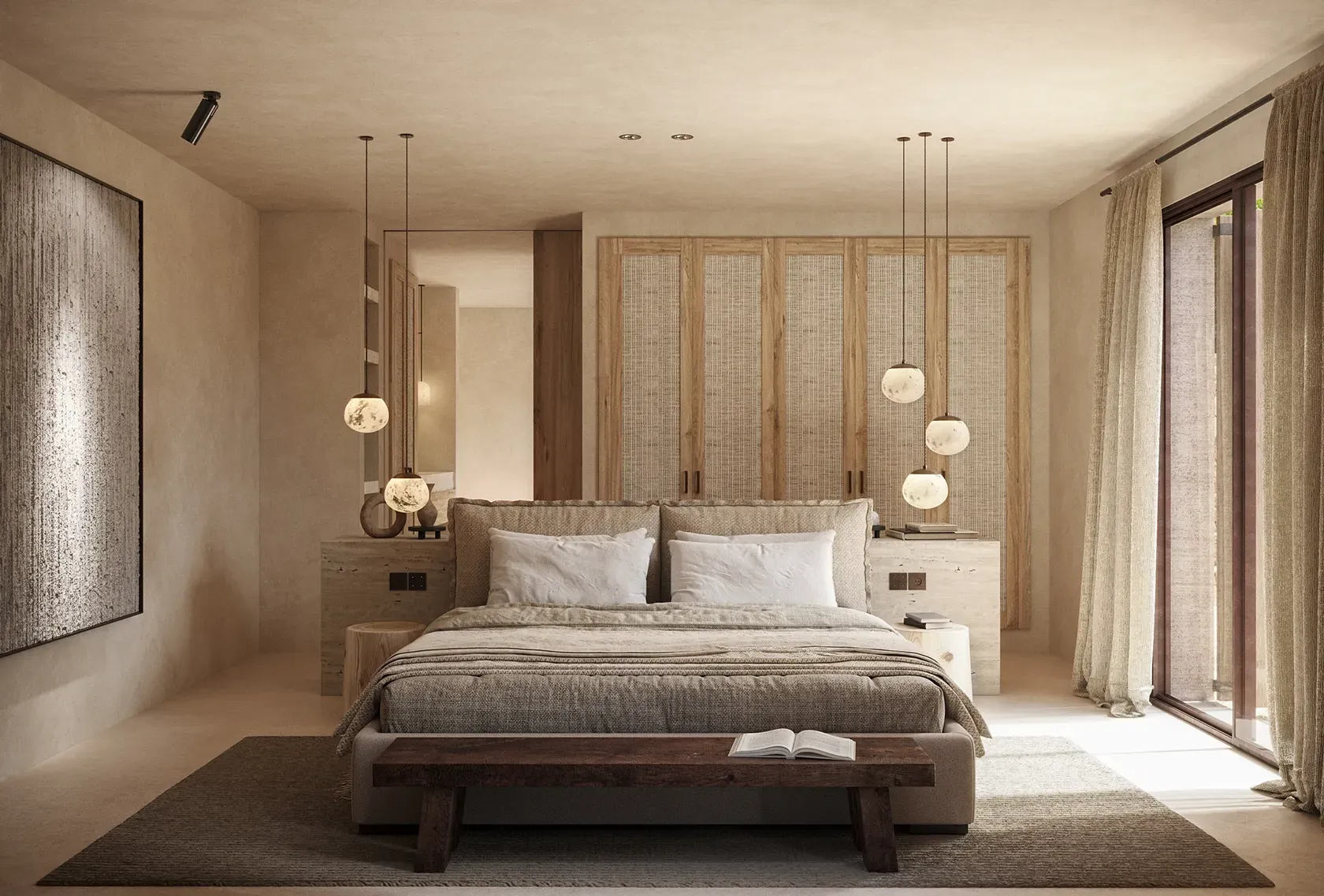 Elegant bedroom with soft lighting, natural materials, and floor-to-ceiling curtains opening to a terrace.
