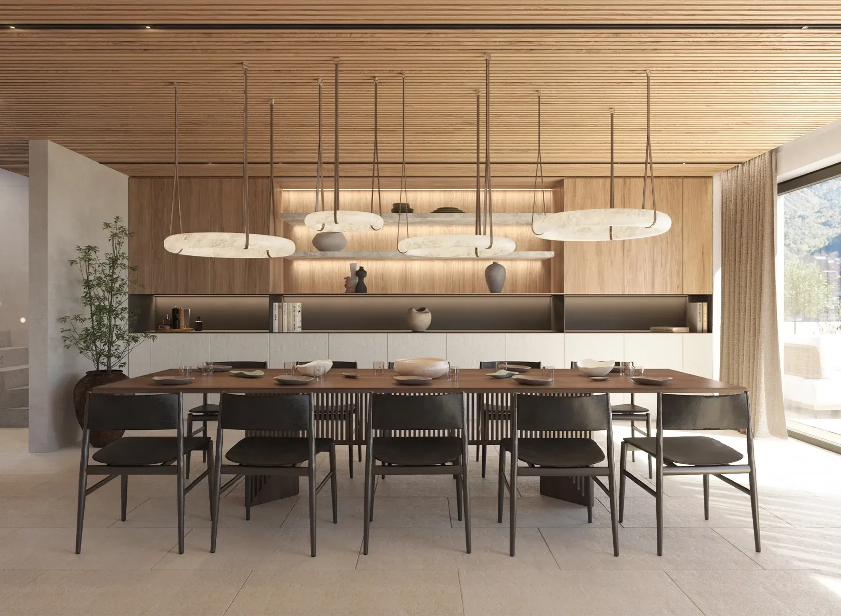 Modern dining area with wooden accents, sculptural lighting, and a minimalist aesthetic exuding warmth and sophistication.