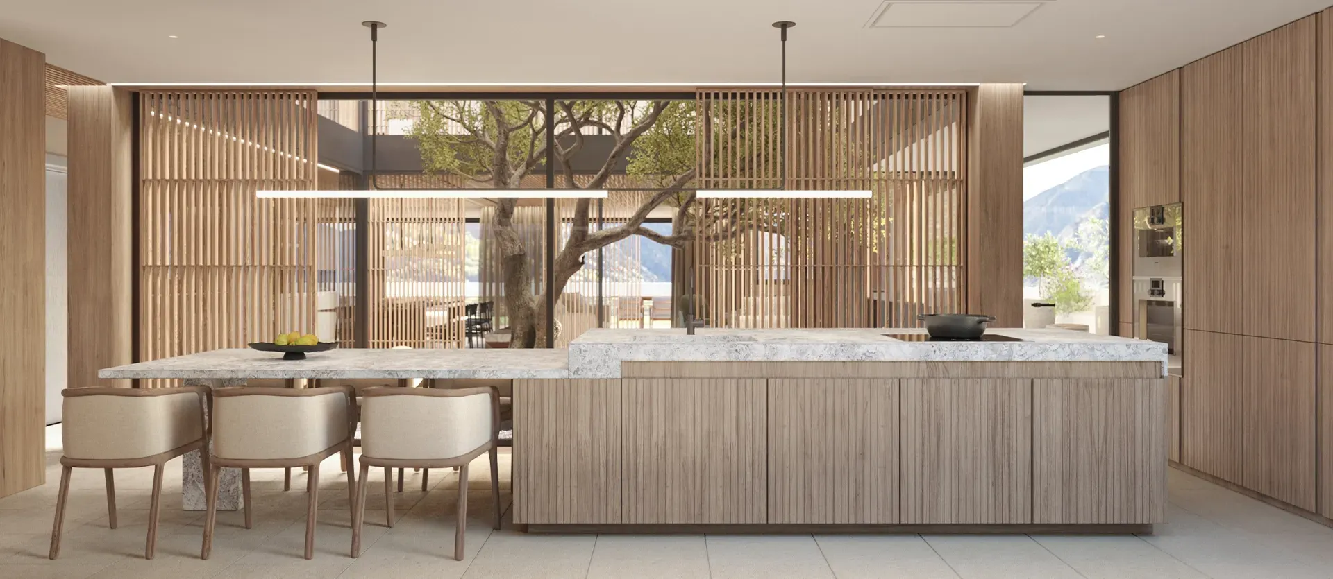 Contemporary luxury kitchen featuring stone countertops, wood paneling, and open views to a landscaped patio.