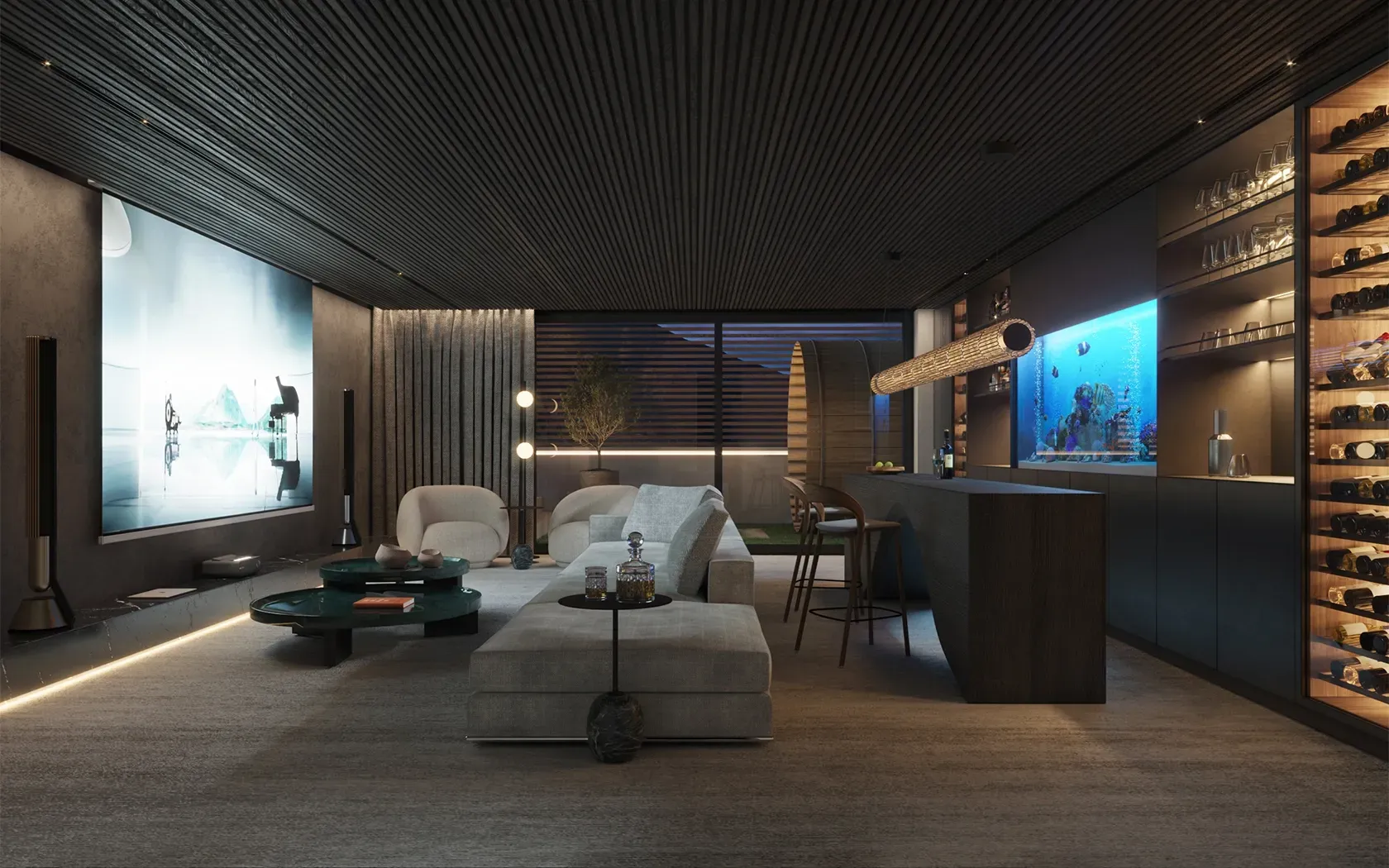 Stylish entertainment room with lounge seating, home bar, and large screen, combining dark tones and ambient lighting.