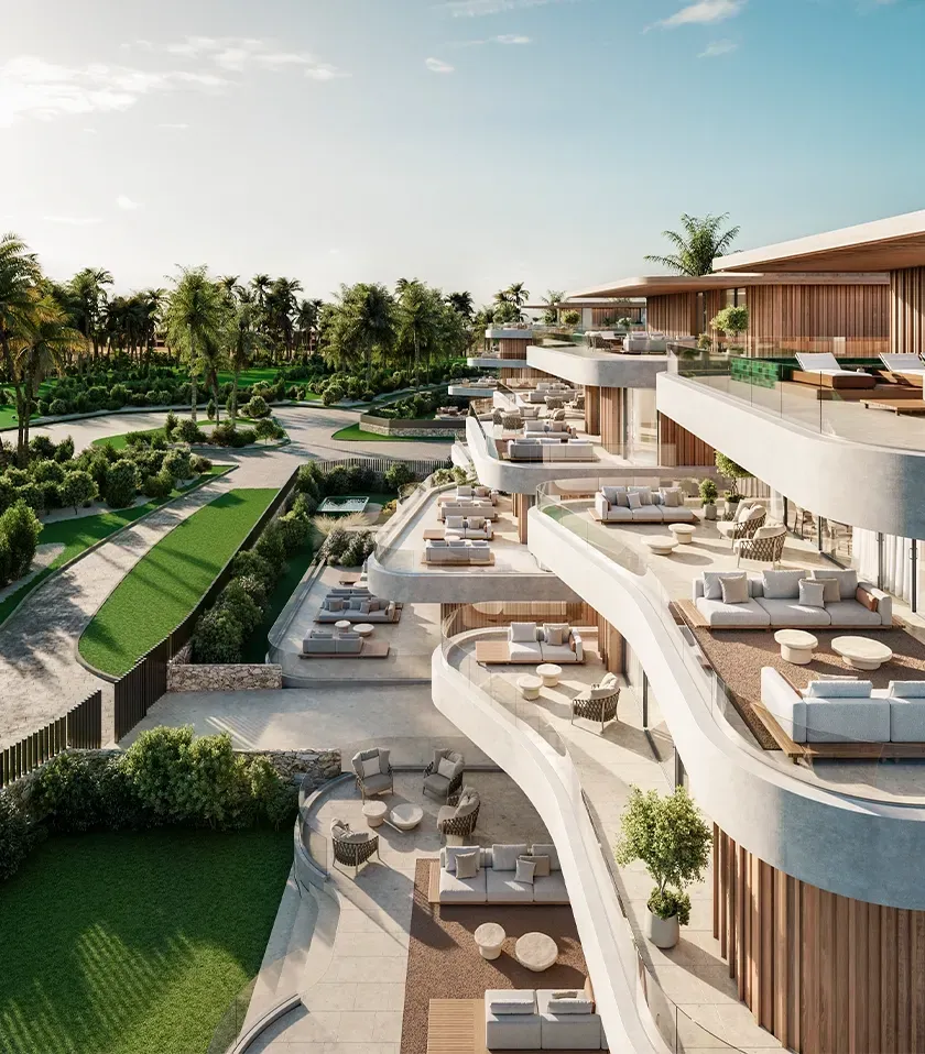 Aerial view of cascading terraces surrounded by palm trees and landscaped gardens.